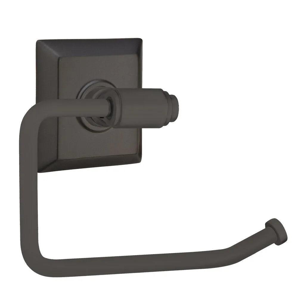 The Emtek Transitional Brass Paper Holder - Bar Style with Quincy Rosette in Flat Black finish.