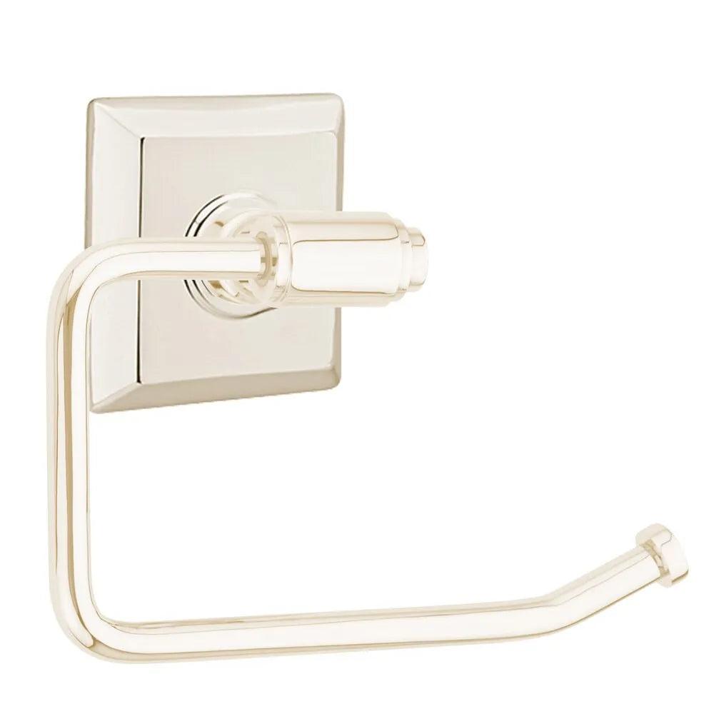The Emtek Transitional Brass Paper Holder - Bar Style with Quincy Rosette in Lifetime Polished Nickel finish.