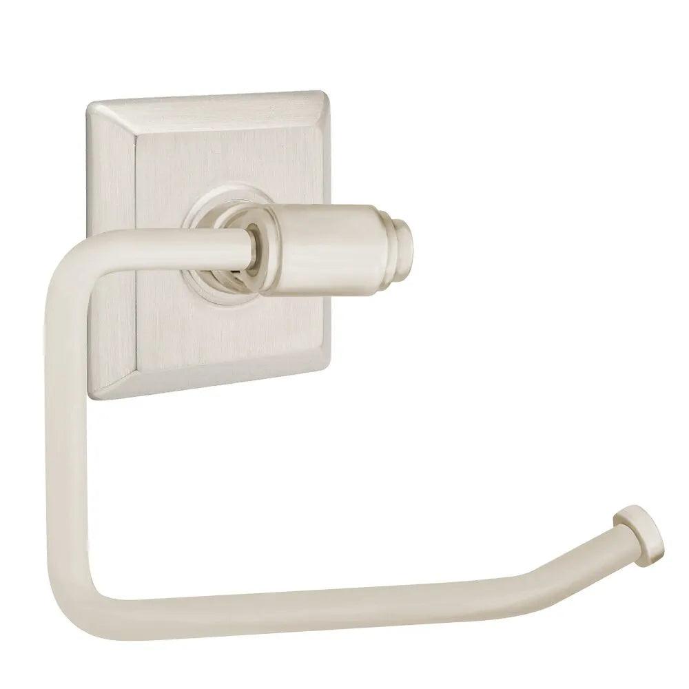 The Emtek Transitional Brass Paper Holder - Bar Style with Quincy Rosette in Satin Nickel finish.