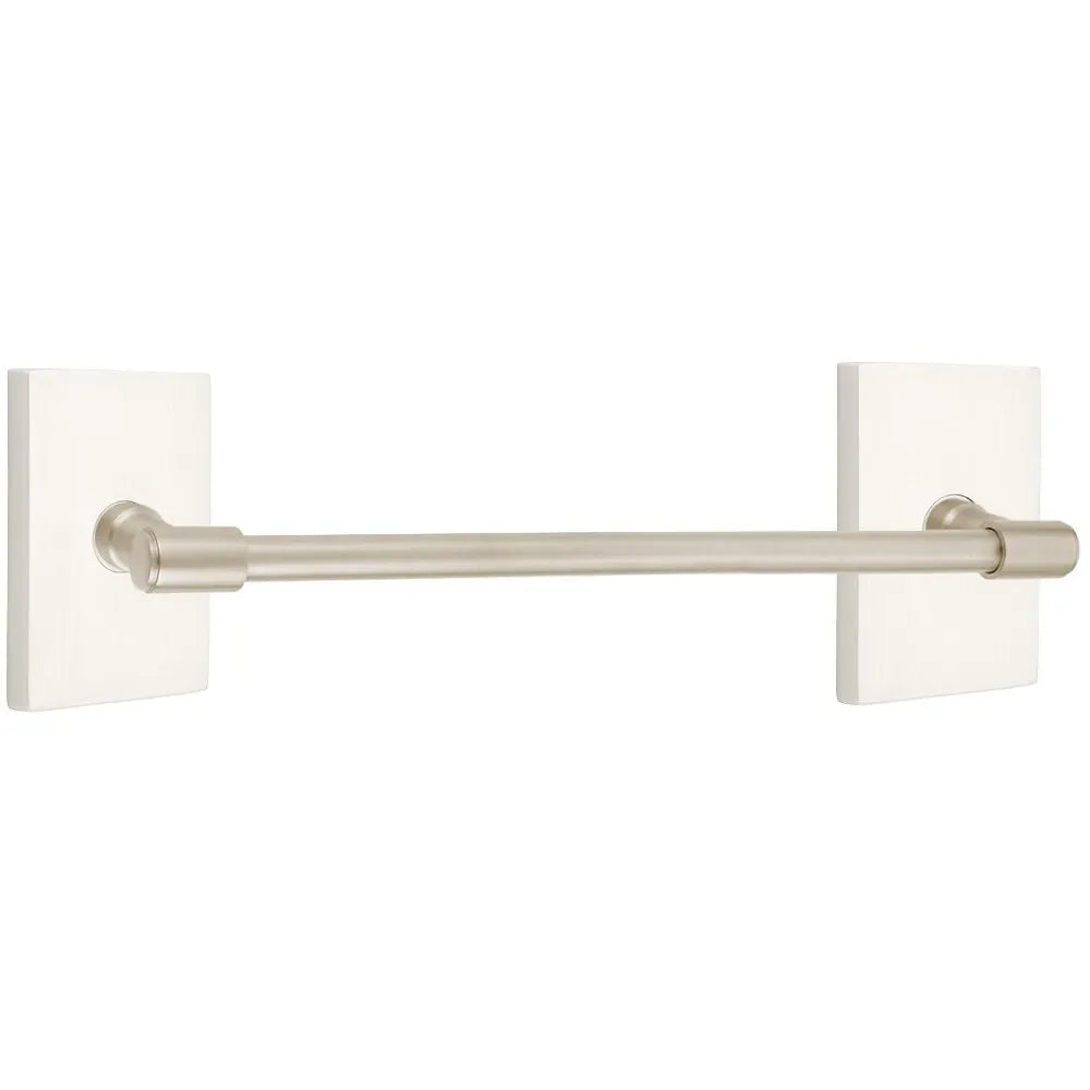 Emtek Transitional Brass Towel Bar with Modern Rectangular Rosette Satin Nickel