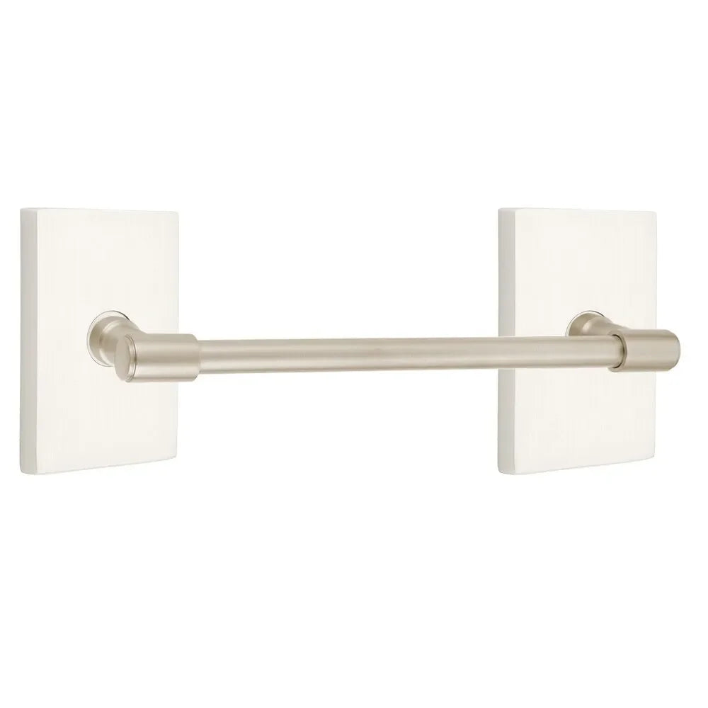 Emtek Transitional Brass Towel Bar with Modern Rectangular Rosette Satin Nickel
