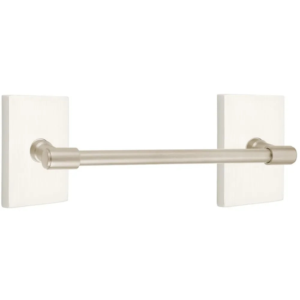 Emtek Transitional Brass Towel Bar with Modern Rectangular Rosette Satin Nickel