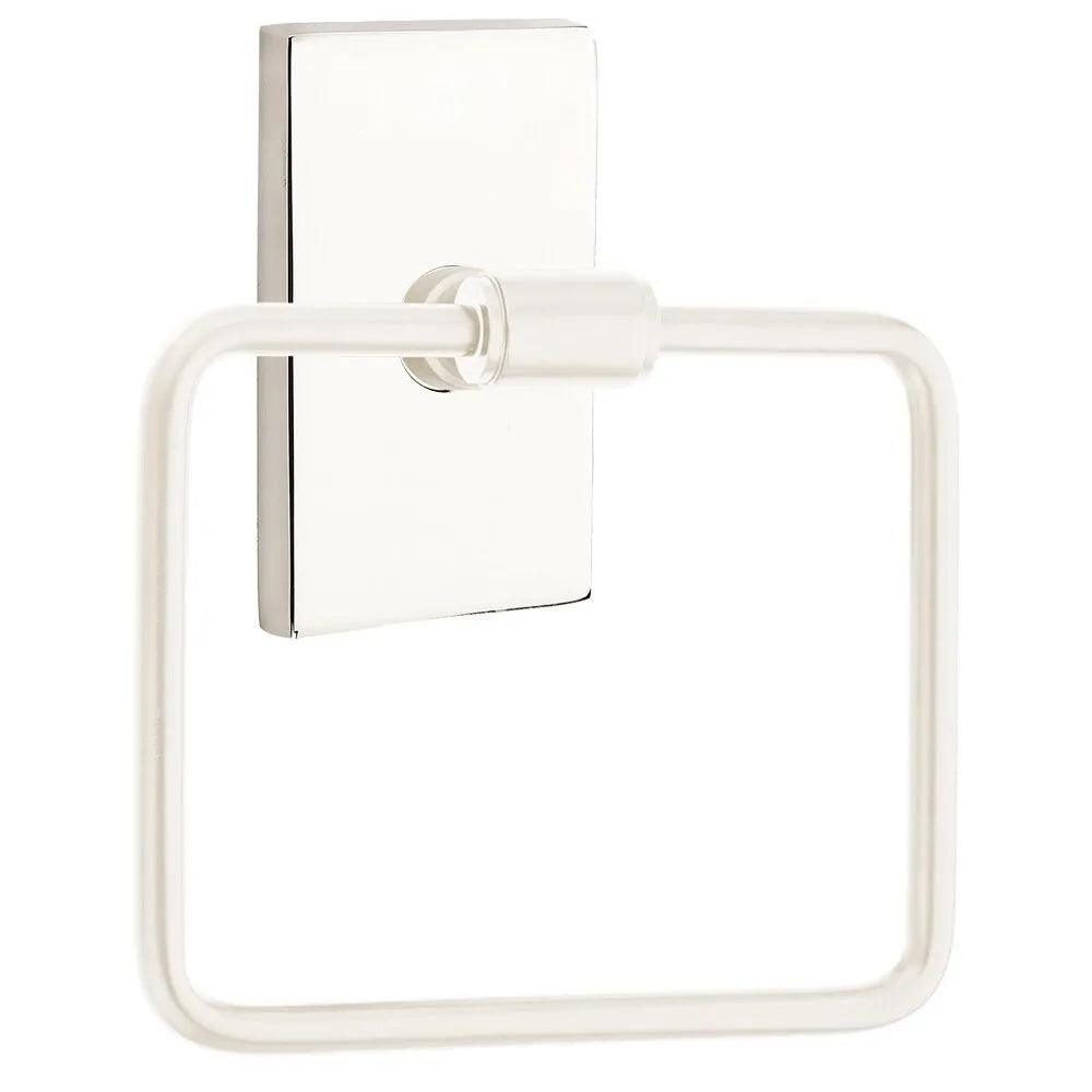 The Emtek Transitional Brass Towel Ring with Modern Rectangular Rosette in Lifetime Polished Nickel finish.