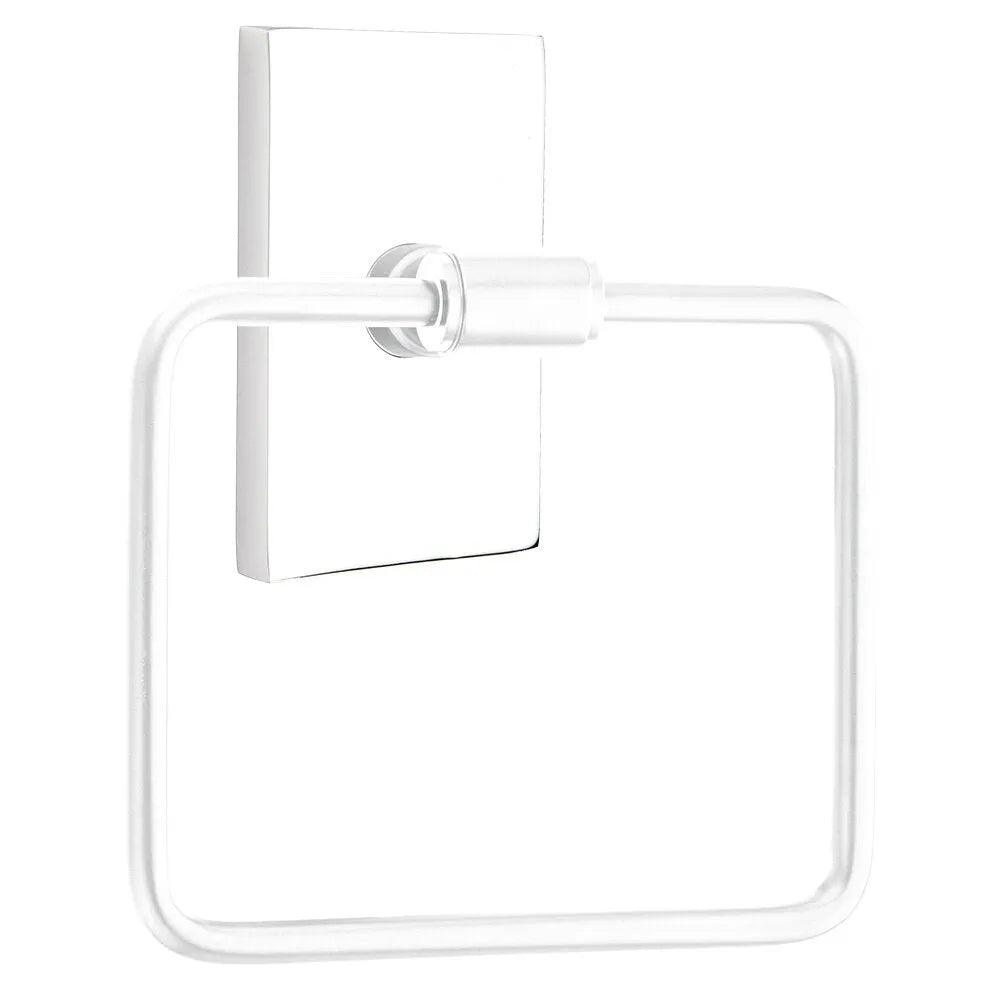 The Emtek Transitional Brass Towel Ring with Modern Rectangular Rosette in Polished Chrome finish.