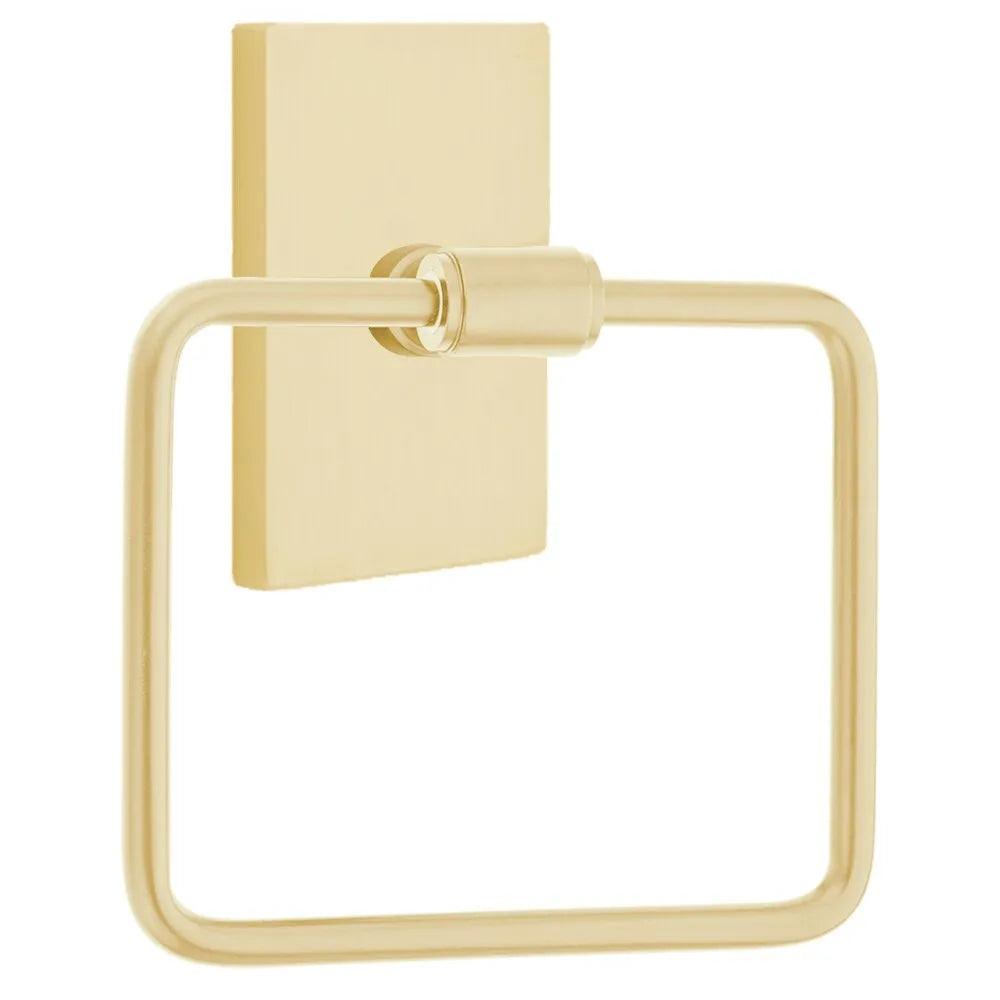 The Emtek Transitional Brass Towel Ring with Modern Rectangular Rosette in Satin Brass finish.