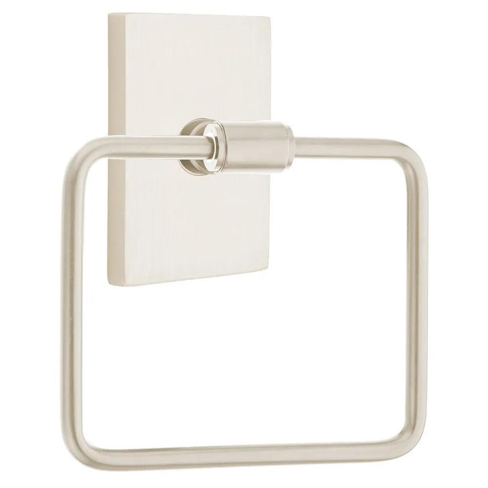 The Emtek Transitional Brass Towel Ring with Modern Rectangular Rosette in Satin Nickel finish.