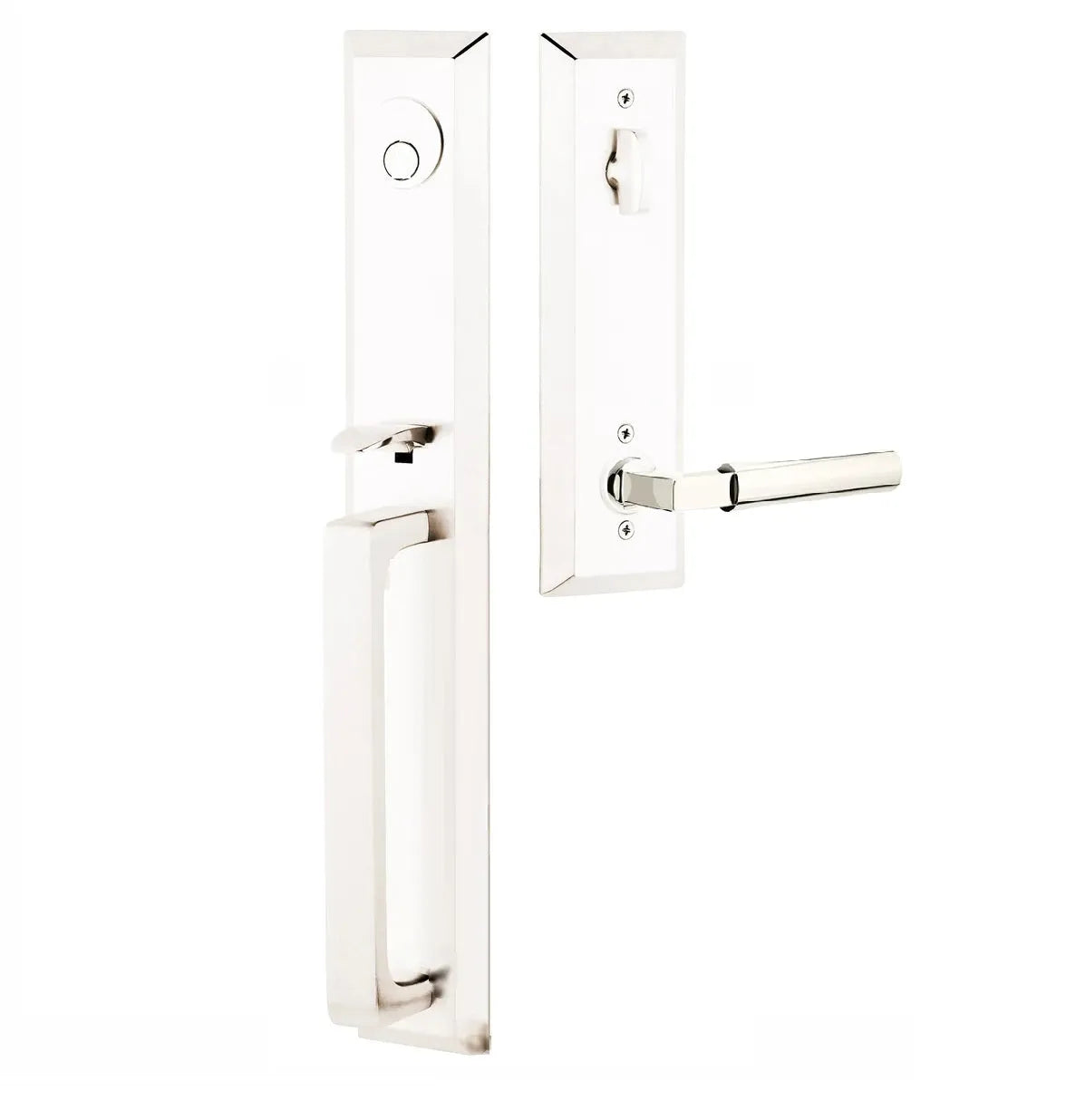 Emtek Transitional Heritage Full Length Handleset with Hercules Lever in Lifetime Polished Nickel finish