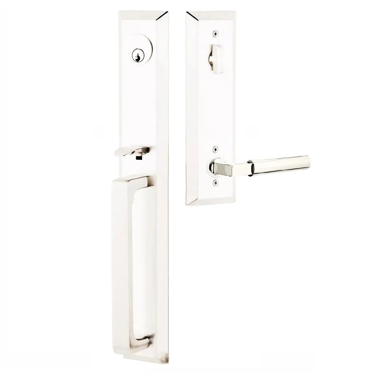 Emtek Transitional Heritage Full Length Handleset with Hercules Lever in Lifetime Polished Nickel finish