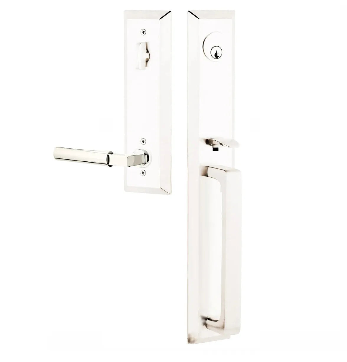 Emtek Transitional Heritage Full Length Handleset with Hercules Lever in Lifetime Polished Nickel finish