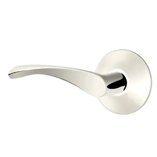 The Emtek Triton Lever With Modern Rosette in Lifetime Polished Nickel finish.