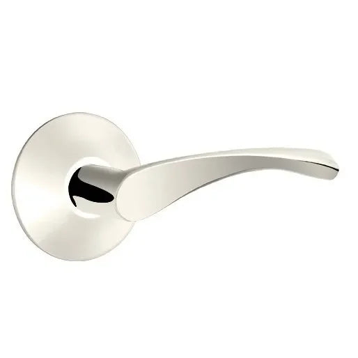 The Emtek Triton Lever With Modern Rosette in Lifetime Polished Nickel finish.