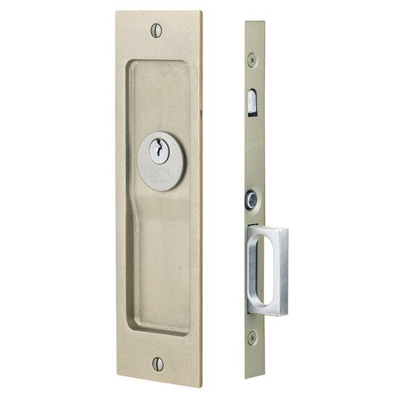 Emtek Keyed Rustic Modern Rectangular Pocket Door Mortise Lock in Tumbled White Bronze finish