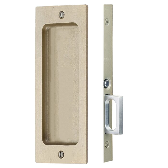 The Emtek Passage Rustic Modern Rectangular Pocket Door Mortise Lock in Tumbled White Bronze finish