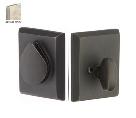 Emtek Single Cylinder Rustic Modern Rectangular Sandcast Bronze Keyed Deadbolt with Flap in Tumbled White Bronze finish