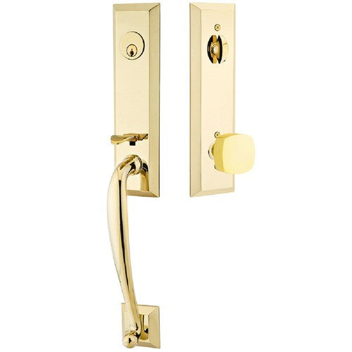 Emtek Adams Tubular Entrance Handleset With Freestone Square Knob in Unlacquered Brass finish