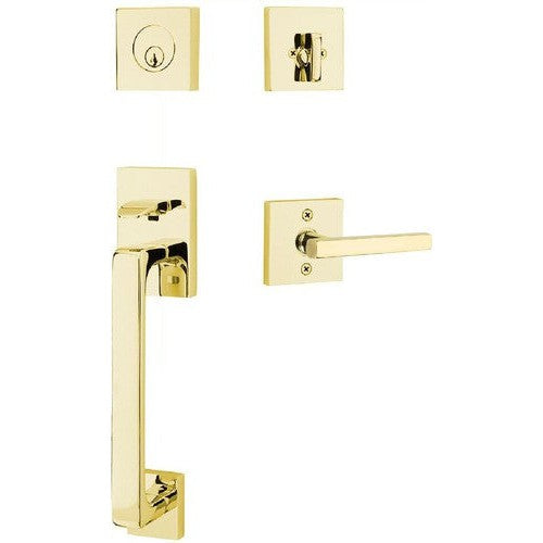 Emtek Baden Entrance Handleset With Freestone Lever in Unlacquered Brass finish