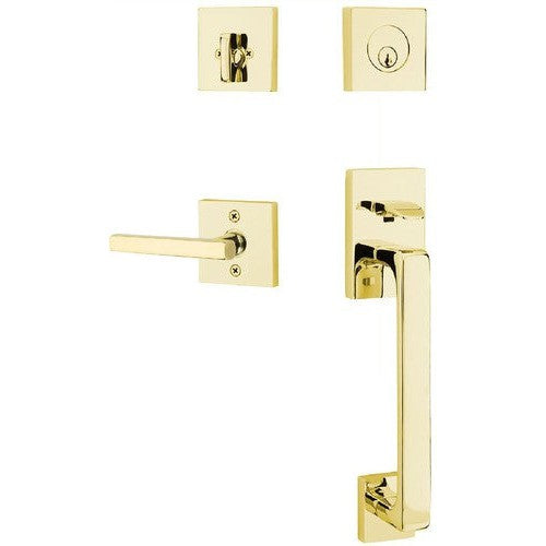 Emtek Baden Entrance Handleset With Freestone Lever in Unlacquered Brass finish