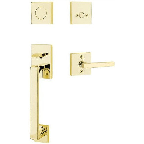 Emtek Baden Entrance Handleset With Freestone Lever in Unlacquered Brass finish