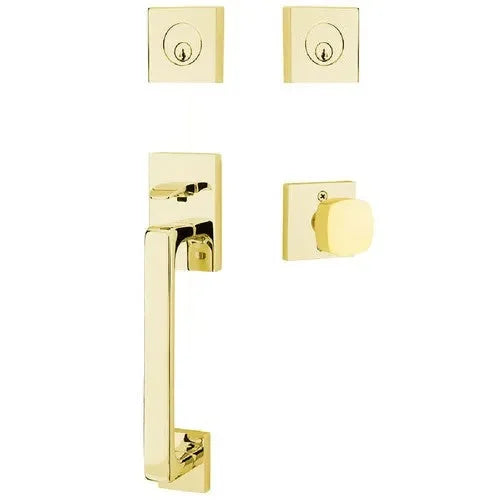 Emtek Baden Entrance Handleset With Freestone Square Knob in Unlacquered Brass finish