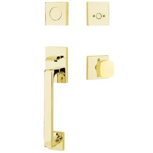 Emtek Baden Entrance Handleset With Freestone Square Knob in Unlacquered Brass finish