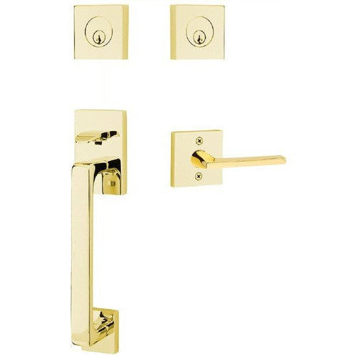 Emtek Baden Tubular Entrance Handleset with Helios Lever in Unlacquered Brass finish