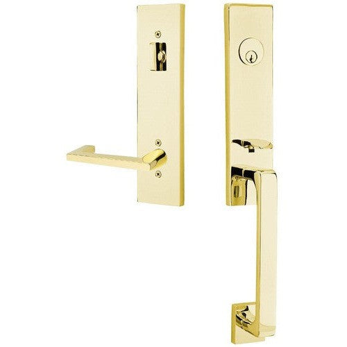 Emtek Davos Handleset with Interior Argos Lever in Unlacquered Brass finish