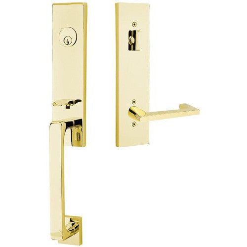 Emtek Davos Handleset with Interior Argos Lever in Unlacquered Brass finish