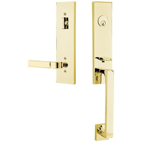 Emtek Davos Handleset with Interior Aston Lever in Unlacquered Brass finish