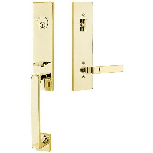 Emtek Davos Handleset with Interior Aston Lever in Unlacquered Brass finish