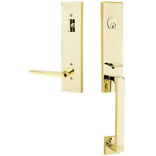 Emtek Davos Handleset with Interior Athena Lever in Unlacquered Brass finish