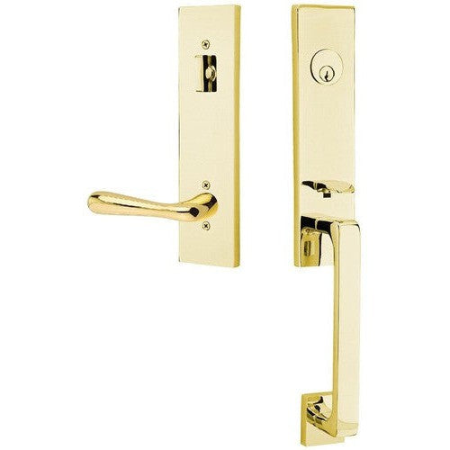 Emtek Davos Handleset with Interior Basel Lever in Unlacquered Brass finish