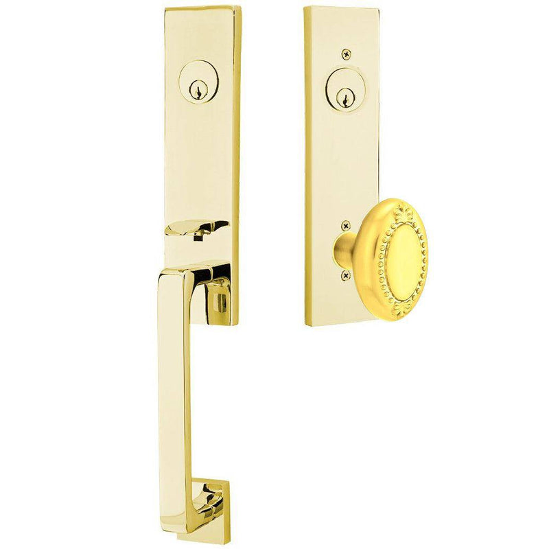 Emtek Davos Handleset with Interior Beaded Egg Knob in Unlacquered Brass finish