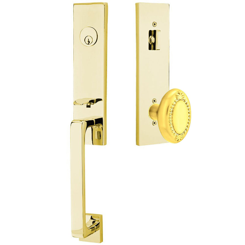 Emtek Davos Handleset with Interior Beaded Egg Knob in Unlacquered Brass finish