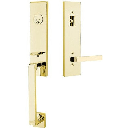 Emtek Davos Tubular Entrance Handleset With Dumont Lever in Unlacquered Brass finish