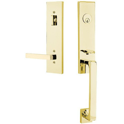 Emtek Davos Tubular Entrance Handleset With Dumont Lever in Unlacquered Brass finish