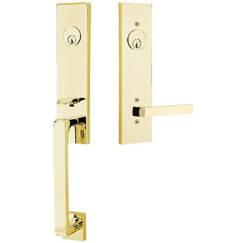 Emtek Davos Tubular Entrance Handleset With Dumont Lever in Unlacquered Brass finish