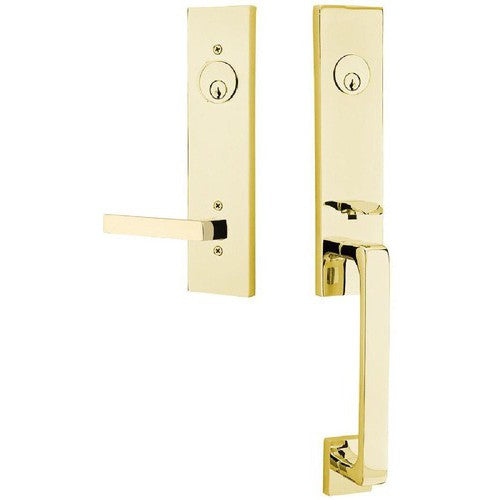 Emtek Davos Tubular Entrance Handleset With Dumont Lever in Unlacquered Brass finish