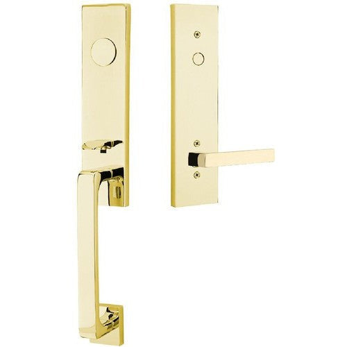 Emtek Davos Tubular Entrance Handleset With Dumont Lever in Unlacquered Brass finish