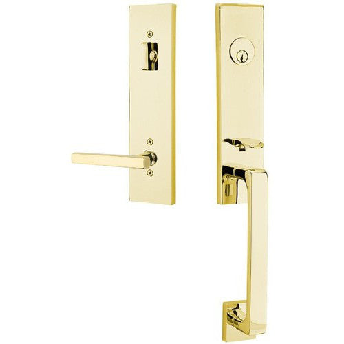 Emtek Davos Tubular Entrance Handleset With Freestone Lever in Unlacquered Brass finish