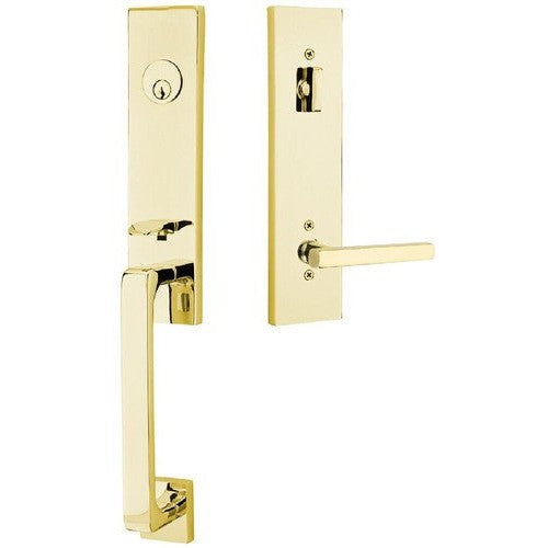 Emtek Davos Tubular Entrance Handleset With Freestone Lever in Unlacquered Brass finish