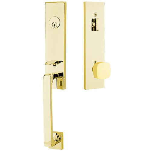 Emtek Davos Tubular Entrance Handleset With Freestone Square Knob in Unlacquered Brass finish