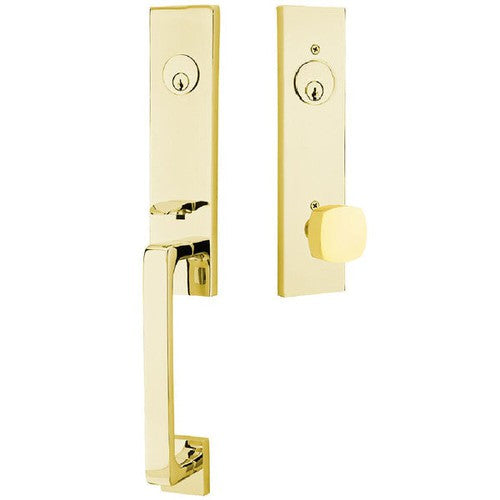 Emtek Davos Tubular Entrance Handleset With Freestone Square Knob in Unlacquered Brass finish