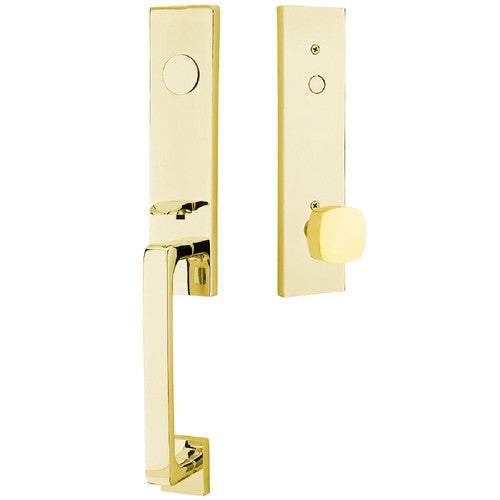 Emtek Davos Tubular Entrance Handleset With Freestone Square Knob in Unlacquered Brass finish