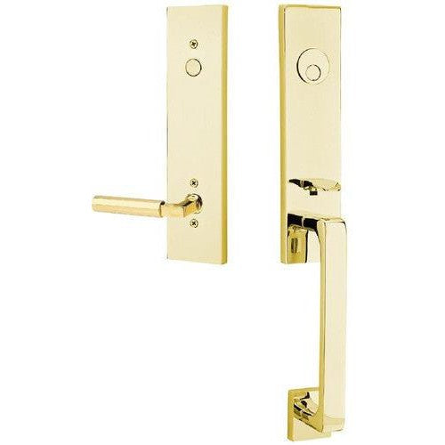 Emtek Davos Tubular Entrance Handleset With Hercules Lever in Unlacquered Brass finish