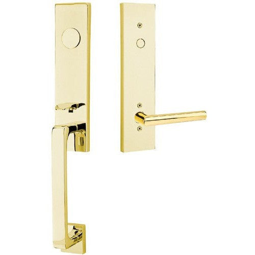 Emtek Davos Tubular Entrance Handleset With Stuttgart Lever in Unlacquered Brass finish