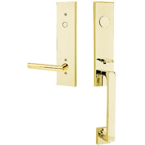 Emtek Davos Tubular Entrance Handleset With Stuttgart Lever in Unlacquered Brass finish