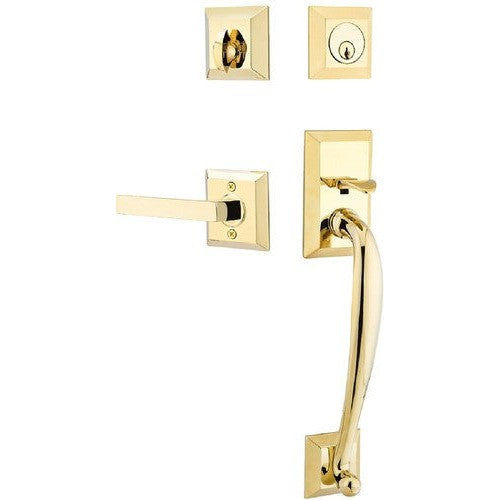 Emtek Franklin Tubular Entrance Handleset With Dumont Lever in Unlacquered Brass finish