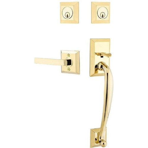 Emtek Franklin Tubular Entrance Handleset With Dumont Lever in Unlacquered Brass finish