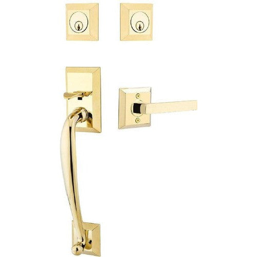 Emtek Franklin Tubular Entrance Handleset With Dumont Lever in Unlacquered Brass finish