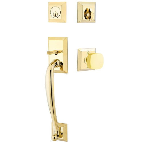 Emtek Franklin Tubular Entrance Handleset With Freestone Square Knob in Unlacquered Brass finish